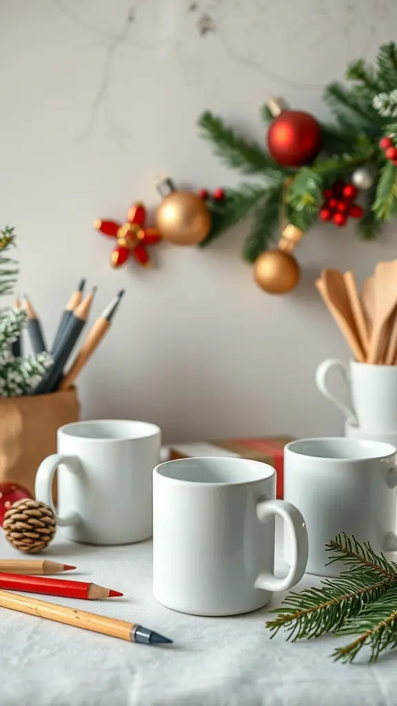A cozy coffee mug decorating station with white mugs, colored pencils, and holiday decorations.