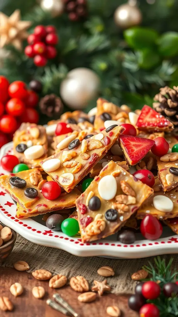 A colorful plate of holiday fruit and nut bark with nuts, dried fruits, and candies, surrounded by festive decorations.
