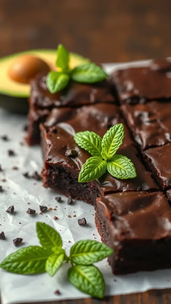 Dark chocolate avocado brownies topped with mint leaves