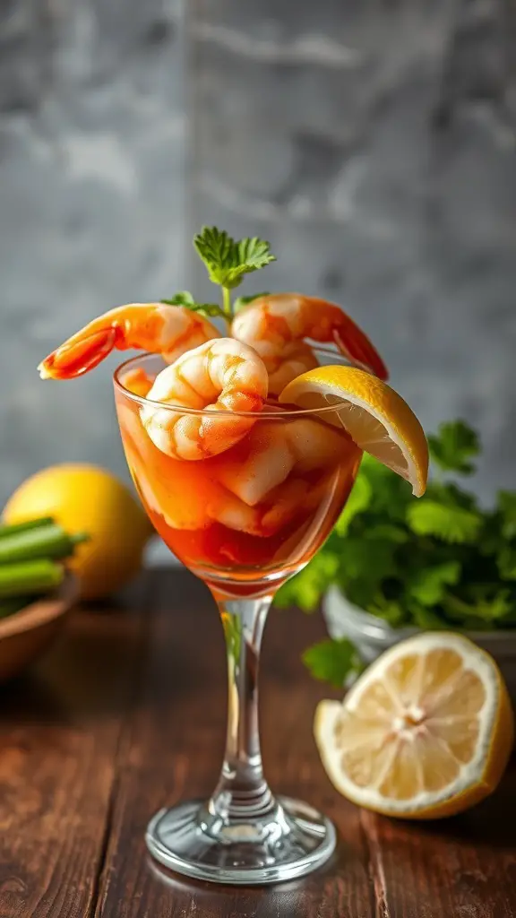 A glass of shrimp cocktail with zesty sauce, garnished with lemon and herbs.