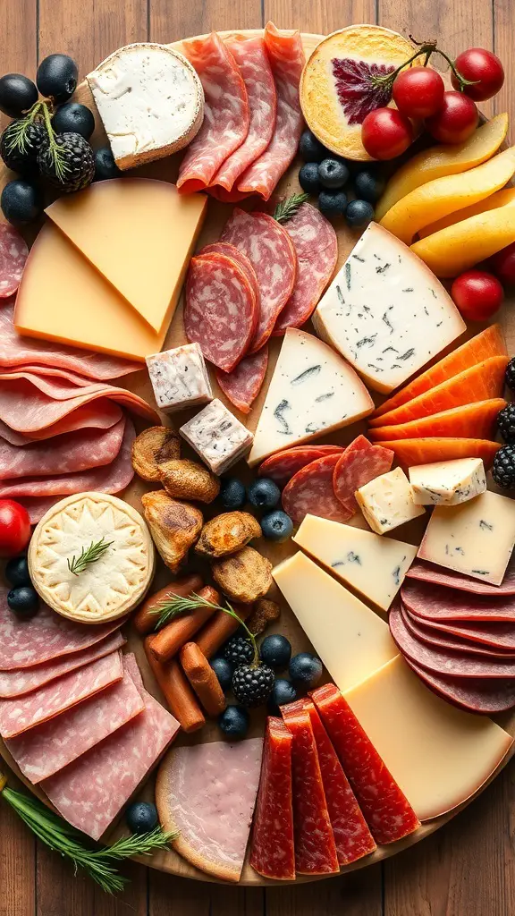 A beautifully arranged cheese and charcuterie board featuring various cheeses, cured meats, fruits, and nuts.