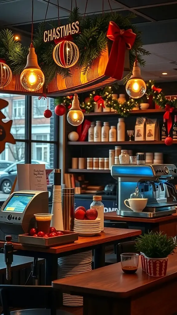 A festive coffee station decorated for Christmas with lights, ornaments, and a coffee machine.