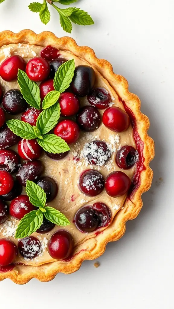 A spiced cranberry tart topped with fresh cranberries and mint leaves.