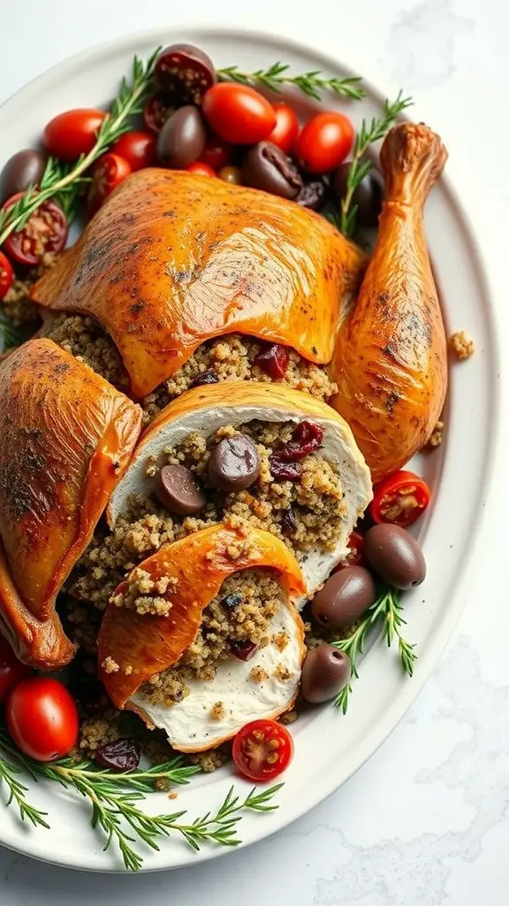 A beautifully roasted turkey stuffed with quinoa, olives, and cranberries, surrounded by cherry tomatoes and fresh herbs.