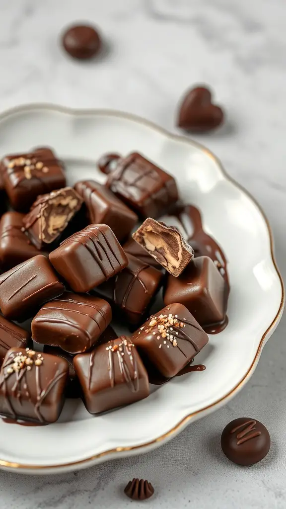 A plate of gourmet chocolate-covered hard candies, showcasing a variety of shapes and designs.