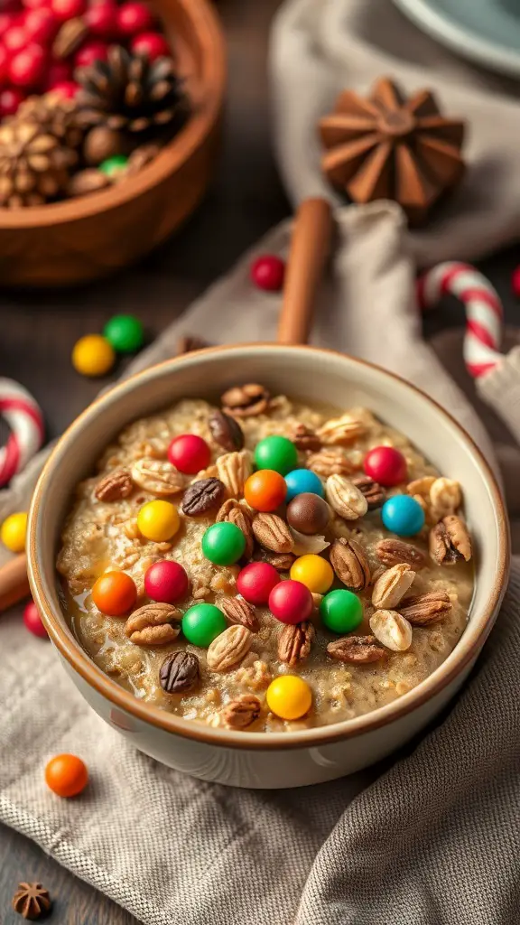 A bowl of gingerbread oatmeal topped with colorful candies and nuts, surrounded by festive decorations.