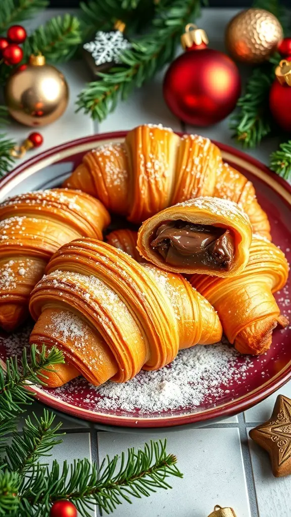 A plate of Nutella stuffed croissants decorated for Christmas with ornaments and greenery.