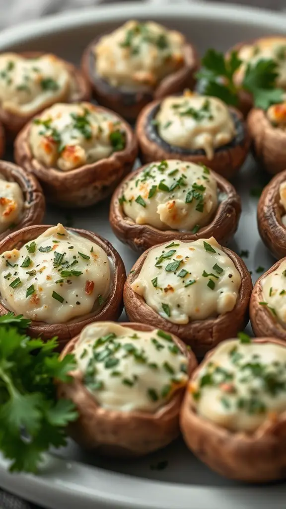 A close-up of stuffed mushrooms topped with creamy filling and herbs on a white plate.