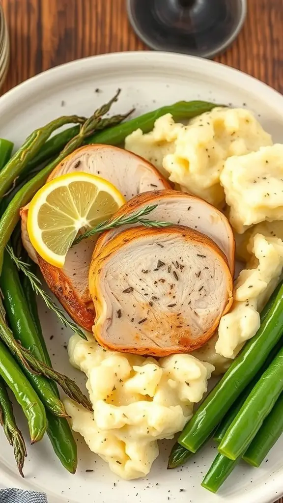Plate of lemon-thyme turkey with garlic mashed potatoes and green beans