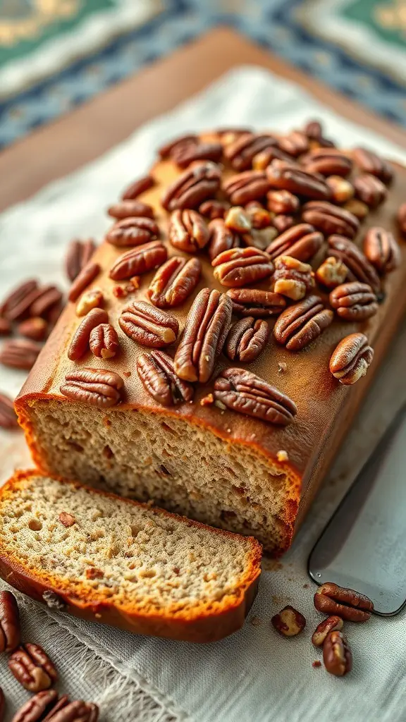 A loaf of maple pecan bread topped with pecans, sliced on a wooden board.