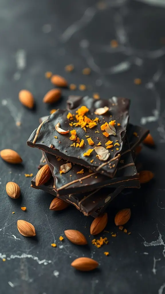 Dark chocolate almond bark with orange zest, topped with almonds and orange flakes.