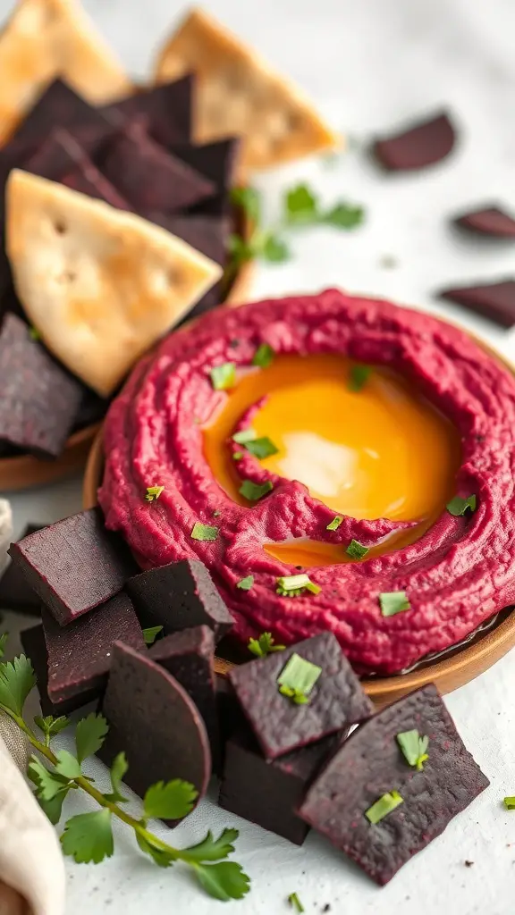 A vibrant bowl of Bloody Beet Hummus surrounded by pita chips and beet snacks, perfect for Halloween.