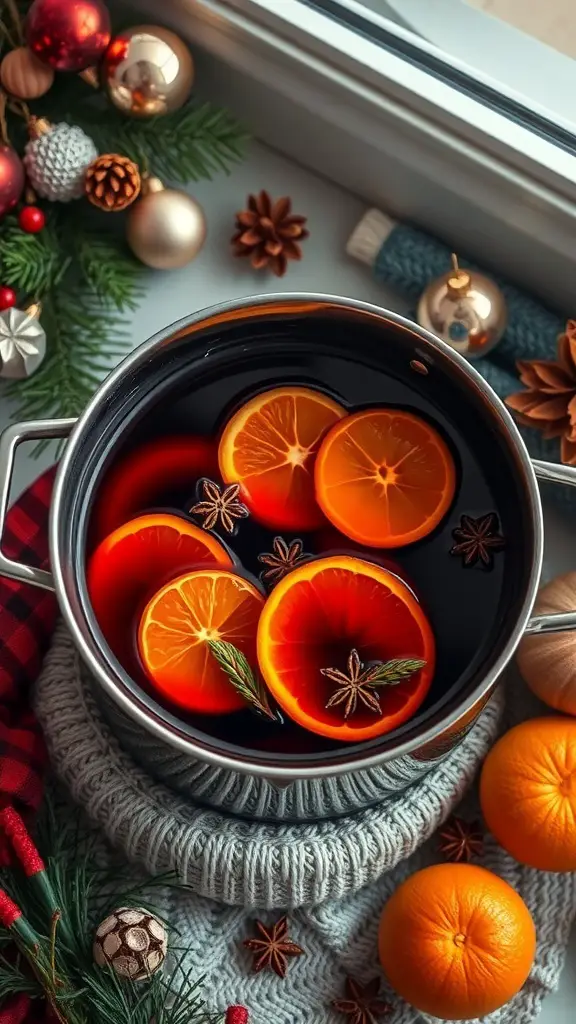 A pot of mulled wine with orange slices and spices, surrounded by festive decorations.