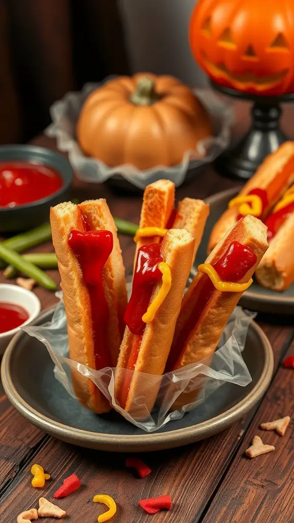 A plate of Zombie Finger Hot Dogs with ketchup and mustard, perfect for Halloween.