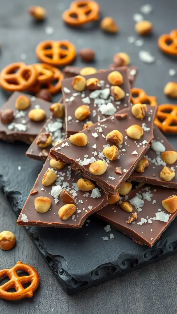 Milk chocolate bark topped with pretzels and nuts on a slate board