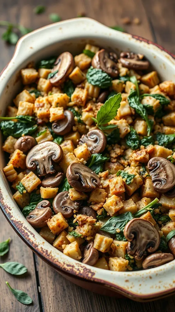 A dish of savory mushroom and spinach stuffing with bread cubes and herbs.