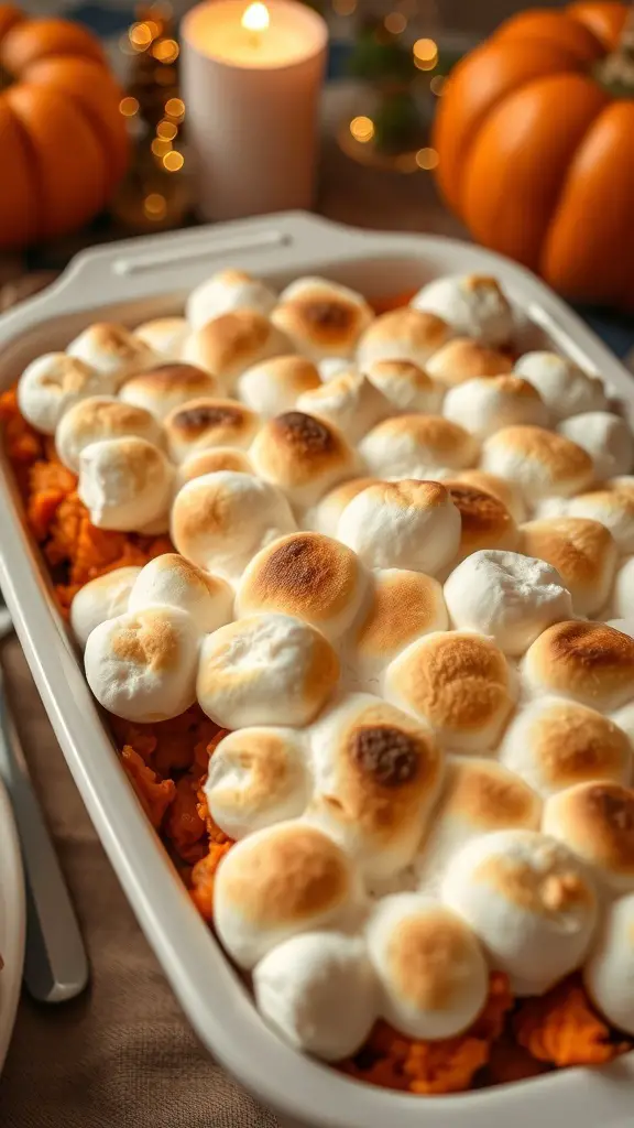 A delicious sweet potato casserole topped with toasted marshmallows, surrounded by pumpkins and a candle.