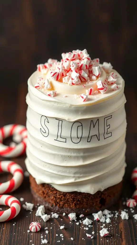 A festive Chocolate Peppermint Layer Cake topped with crushed peppermint candies.
