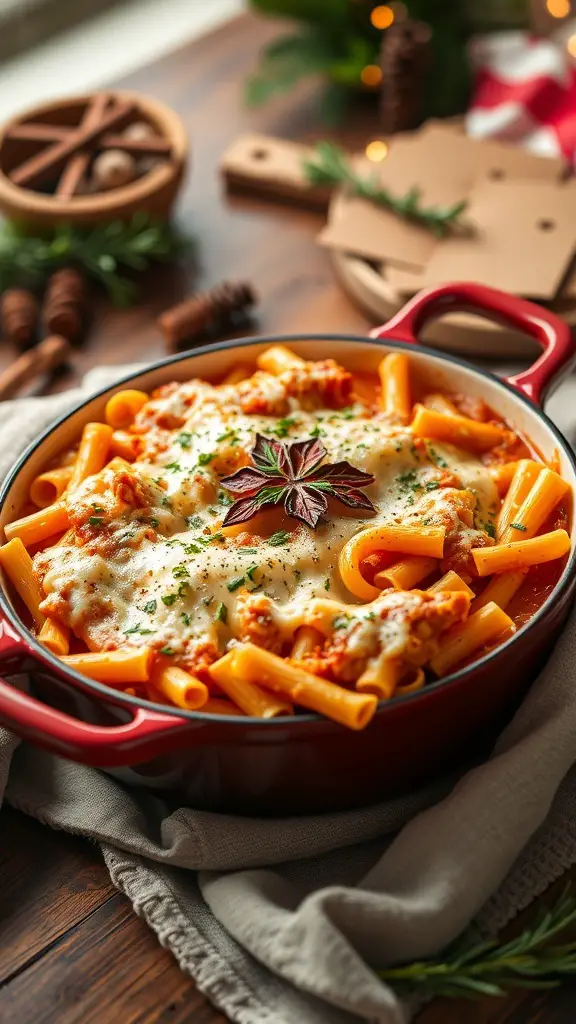 A red casserole dish filled with baked ziti topped with melted cheese and garnished with star anise