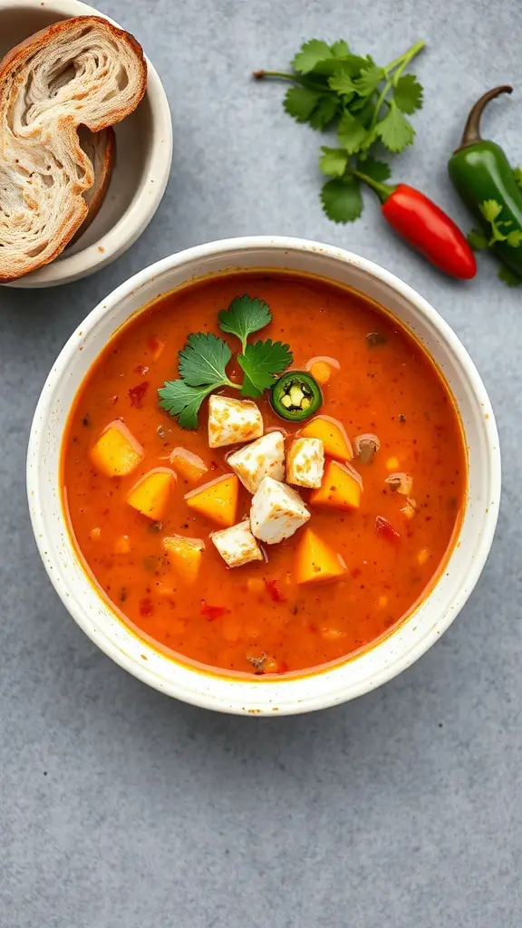 A bowl of chili crab chowder with crab meat, potatoes, and garnished with cilantro.