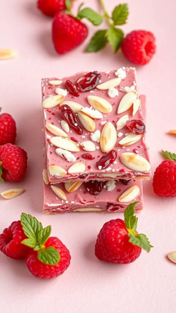 Raspberry almond bark treats with almonds and raspberries on a pink background