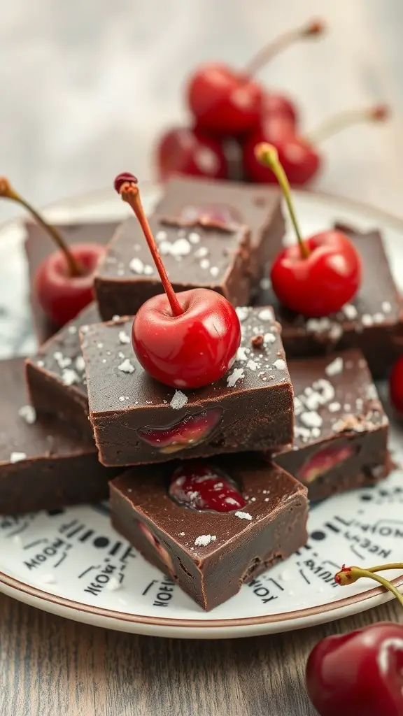 A plate of dark chocolate fudge squares topped with cherries