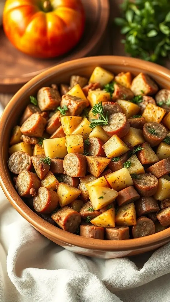 A bowl of savory stuffing with sausage and apples, featuring diced sausage and apples mixed with bread cubes.