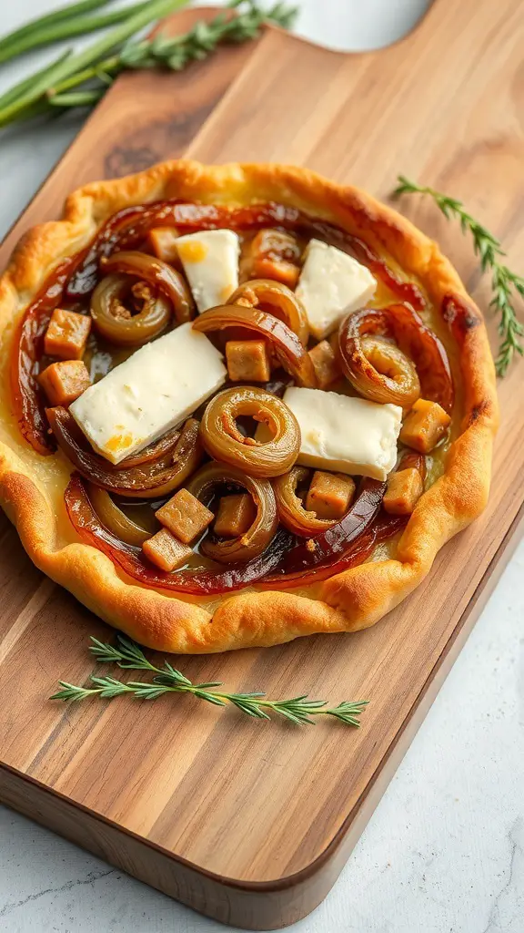 A delicious caramelized onion and goat cheese tart on a wooden board, garnished with fresh herbs.