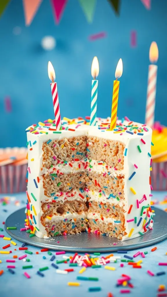 A colorful Funfetti cake with sprinkles and candles, cut to show layers.