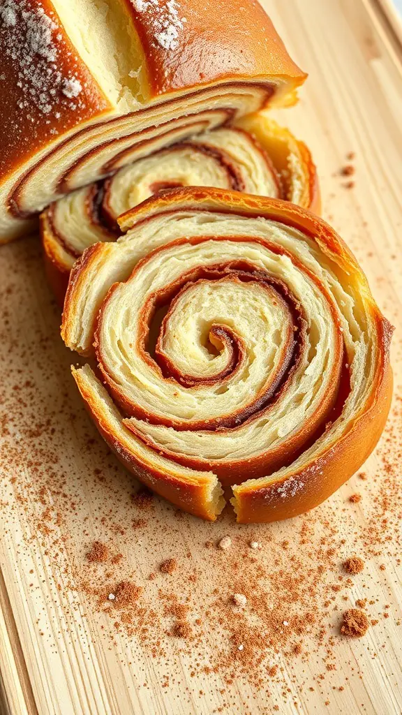 Sliced cinnamon swirl bread on a wooden board with cinnamon powder