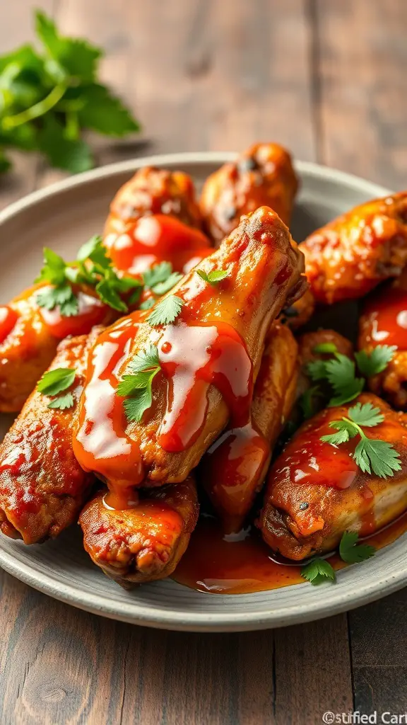 A plate of crispy chicken wings drizzled with spicy sauce and garnished with cilantro.