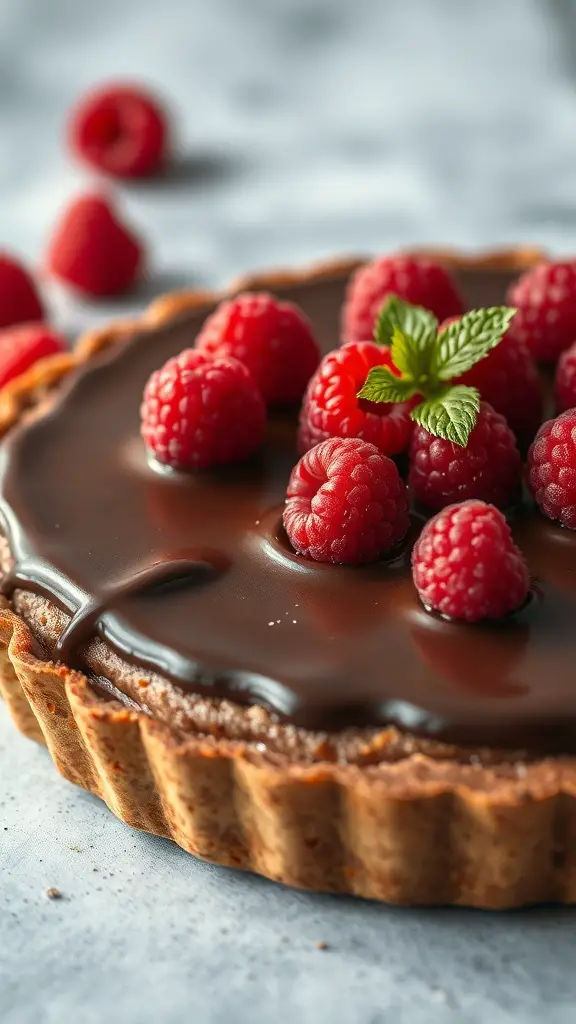 A close-up of a chocolate raspberry tart topped with fresh raspberries and a mint leaf.
