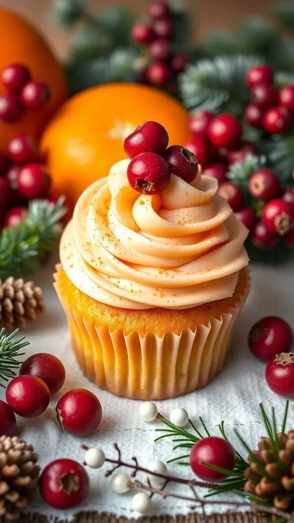 A beautifully decorated cranberry orange cupcake surrounded by festive decorations.