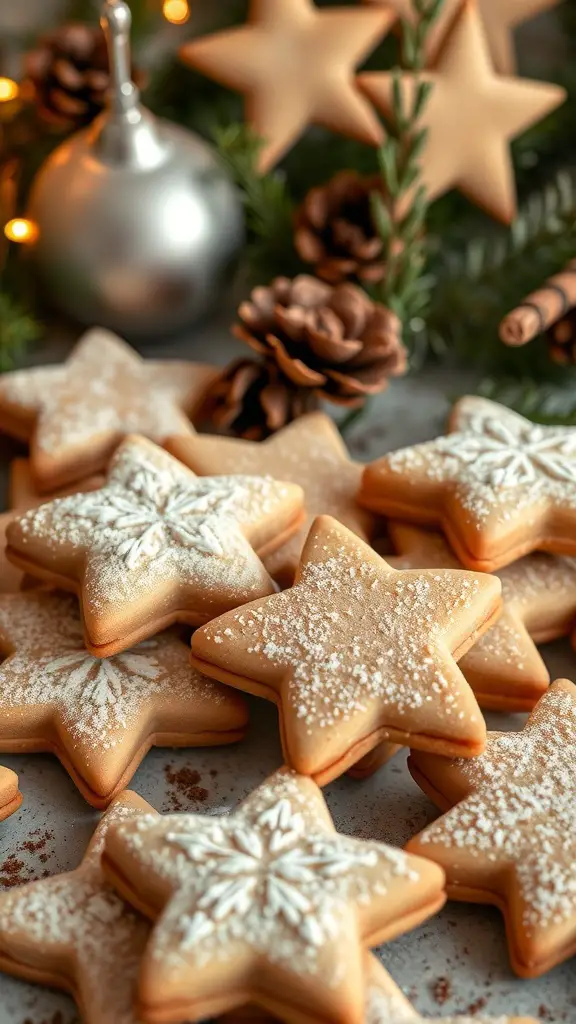 A plate of beautifully decorated cinnamon star cookies surrounded by pinecones and holiday decorations.