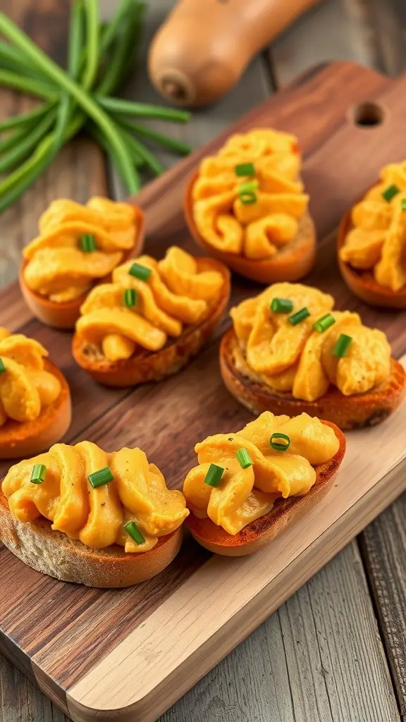 Sweet potato crostini topped with creamy sweet potato mixture and green onions on a wooden board.