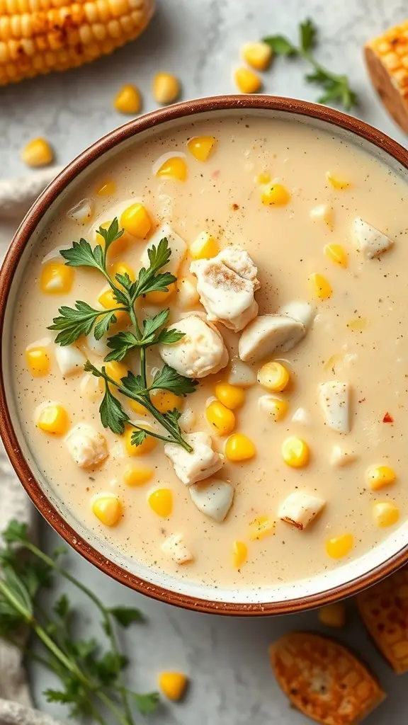 A bowl of corn and crab chowder with fresh parsley and corn kernels.