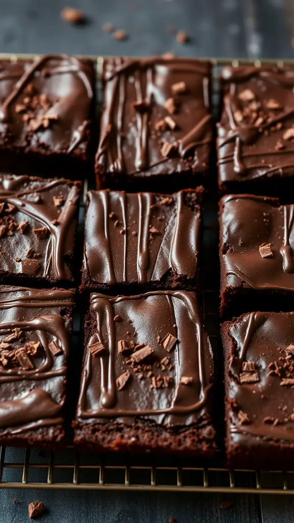 A tray of dark chocolate fudge brownies, cut into squares and topped with chocolate drizzle.
