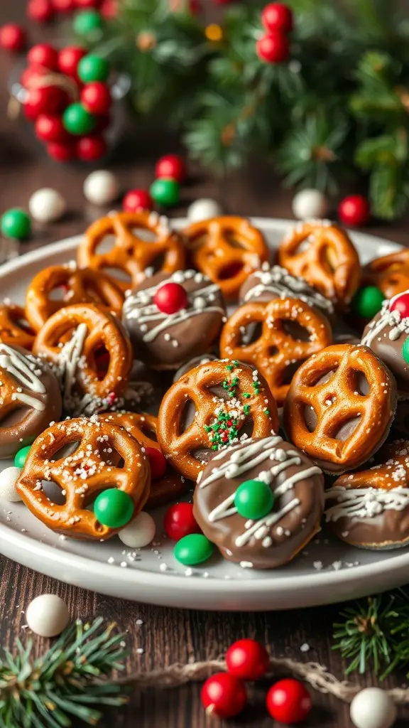 A plate of chocolate-covered pretzel bites decorated with colorful sprinkles and candies, surrounded by festive decorations.