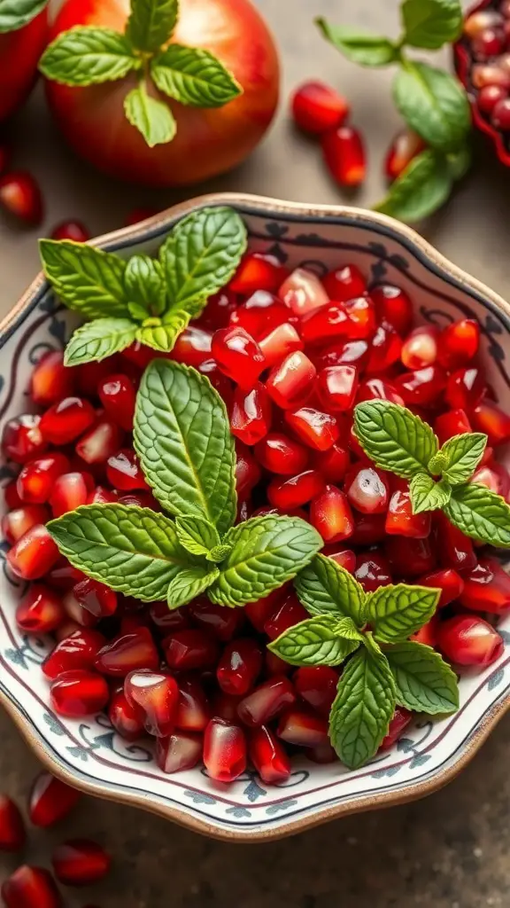 A bowl of pomegranate seeds garnished with fresh mint leaves, surrounded by apples and more pomegranate seeds.