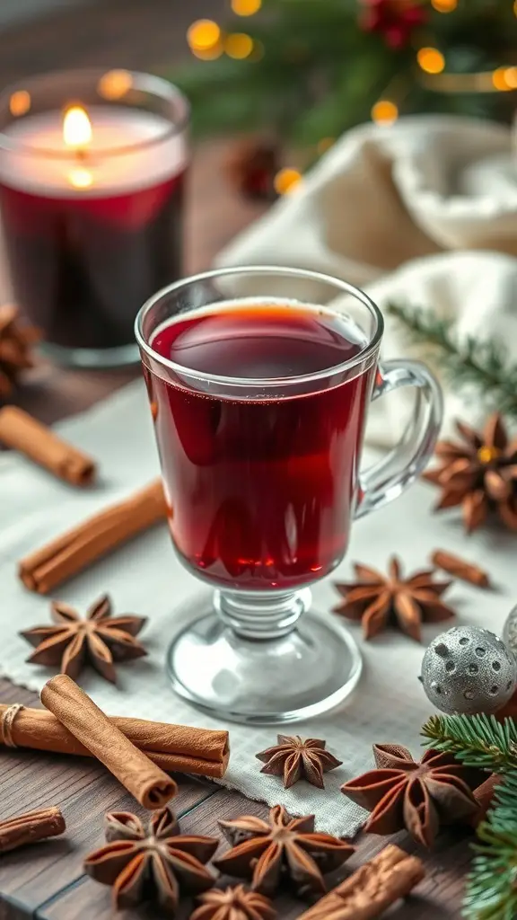 A glass of mulled wine surrounded by spices and a candle.