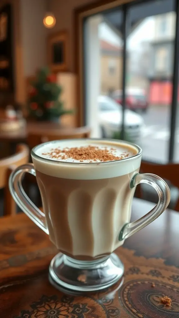 A Vanilla Chai Latte in a glass cup, topped with cinnamon, with a festive background.