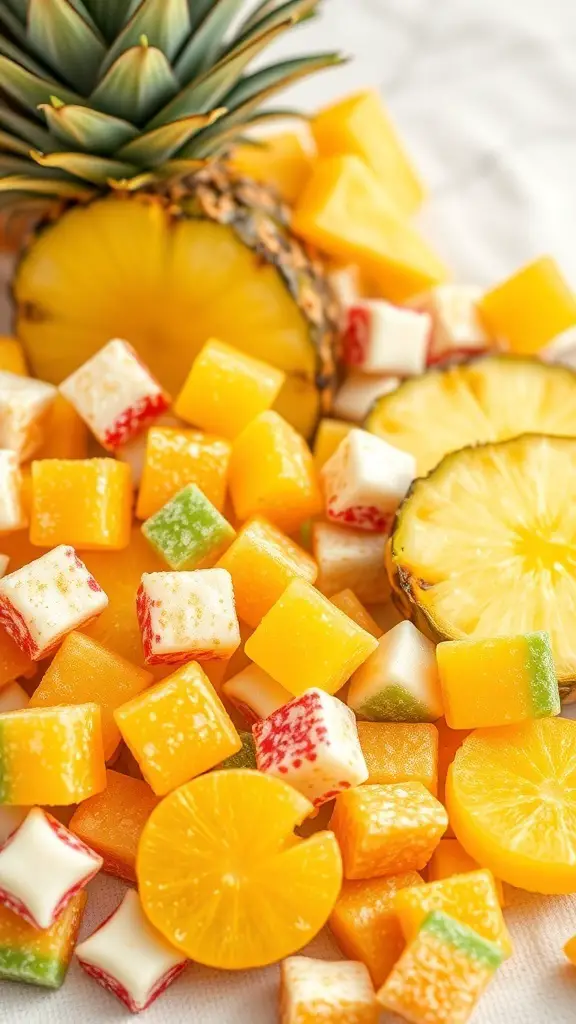 Colorful tropical hard candies with pineapple and coconut flavors