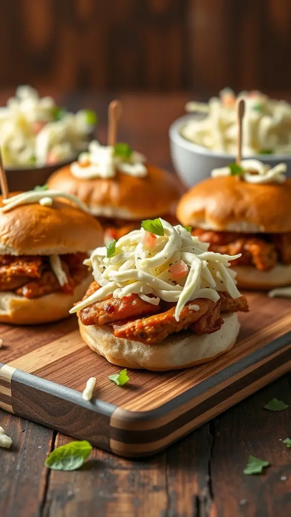 BBQ chicken sliders topped with coleslaw on a wooden board