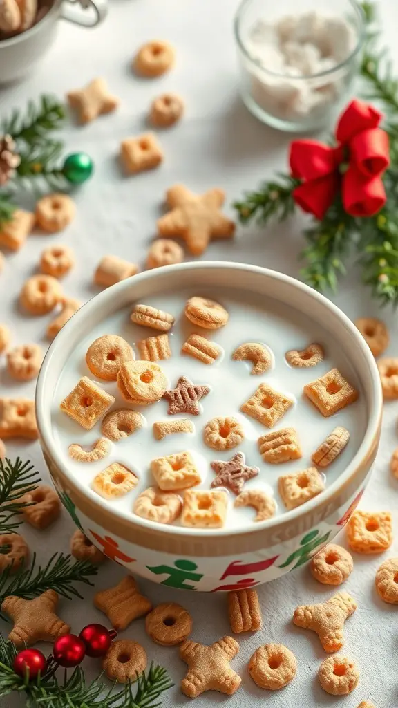 A bowl of Christmas cookie cereal with milk, surrounded by festive decorations.