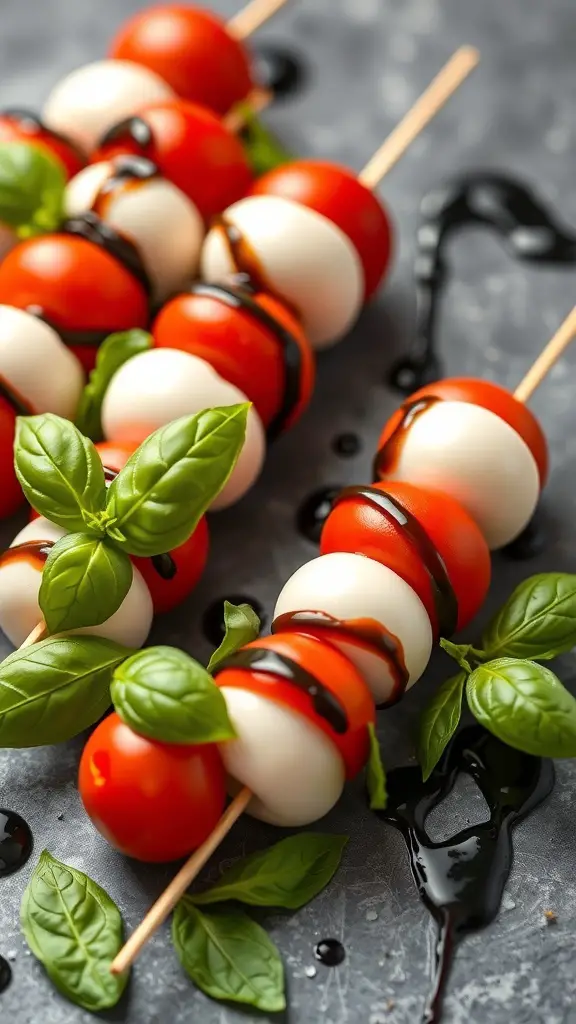 Mini Caprese skewers with cherry tomatoes, mozzarella balls, and basil drizzled with balsamic glaze