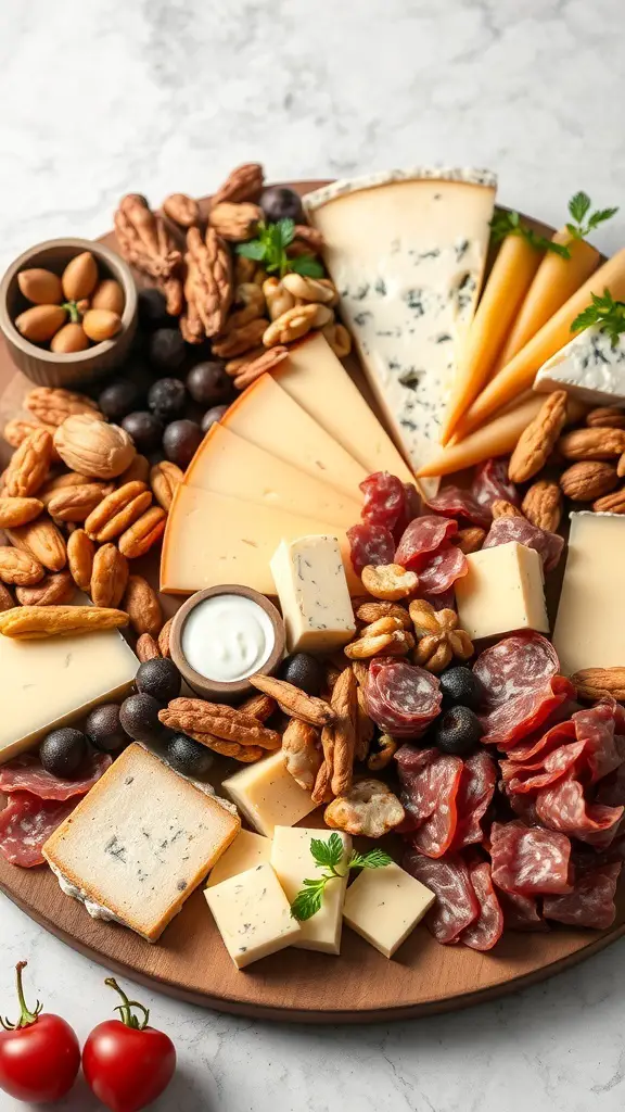 A beautifully arranged cheese and charcuterie board featuring various cheeses, cured meats, nuts, and olives.