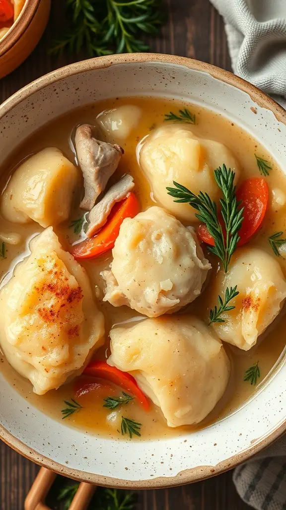 A bowl of hearty chicken and dumplings with vegetables in a rich broth.