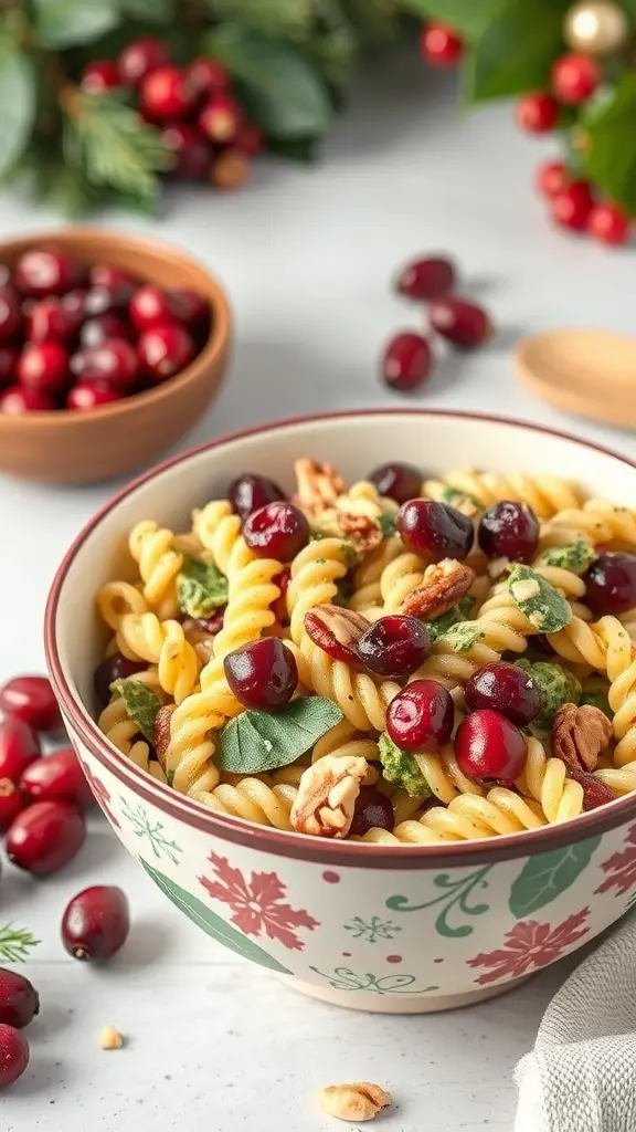 A festive bowl of Nutty Pesto Pasta Salad with cranberries and nuts, surrounded by fresh cranberries and holiday decorations.