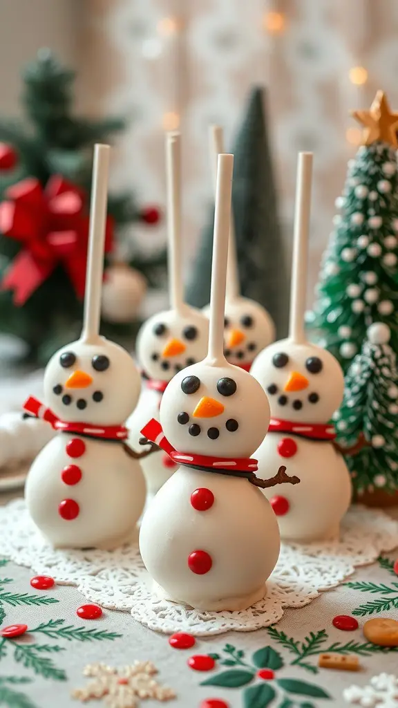 Five gingerbread snowman cake pops with candy decorations, set against a festive background