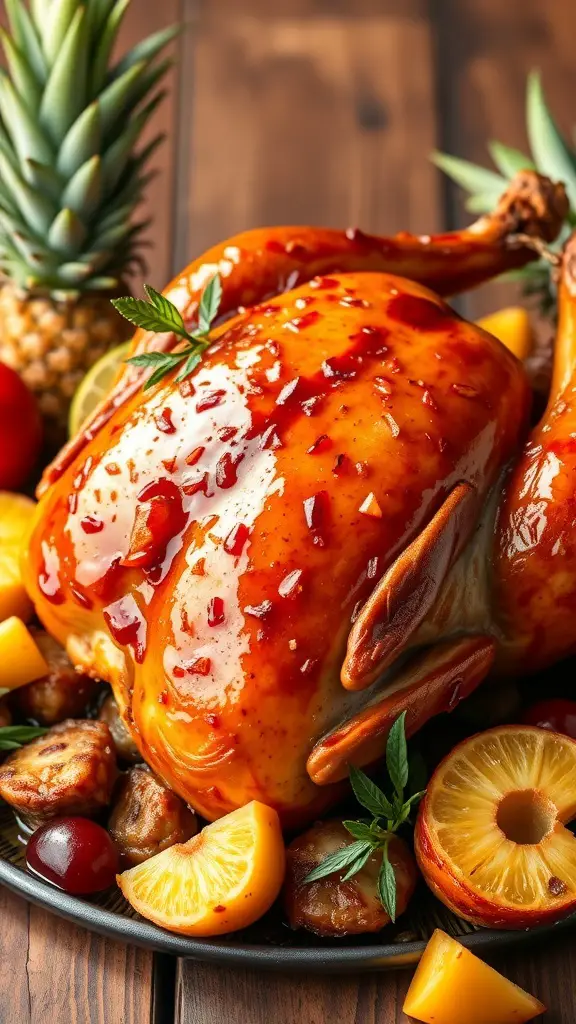 A roasted turkey glazed with teriyaki sauce, surrounded by pineapple slices and colorful fruits.